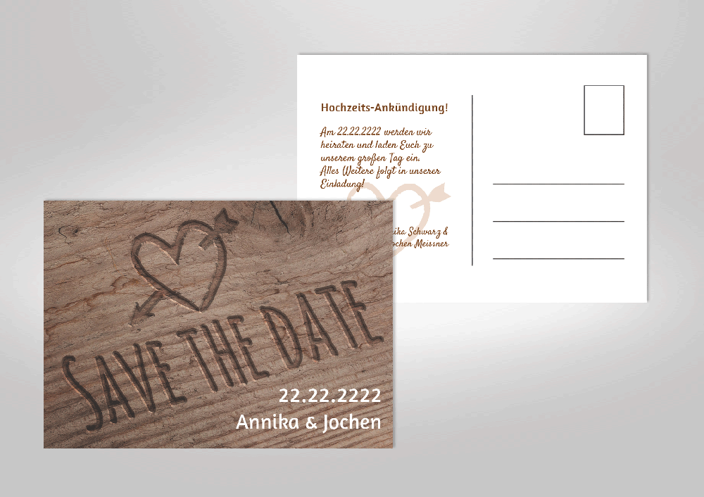 Originelle Einladungskarte aus Holz "SAVE THE DATE" Hochzeit 